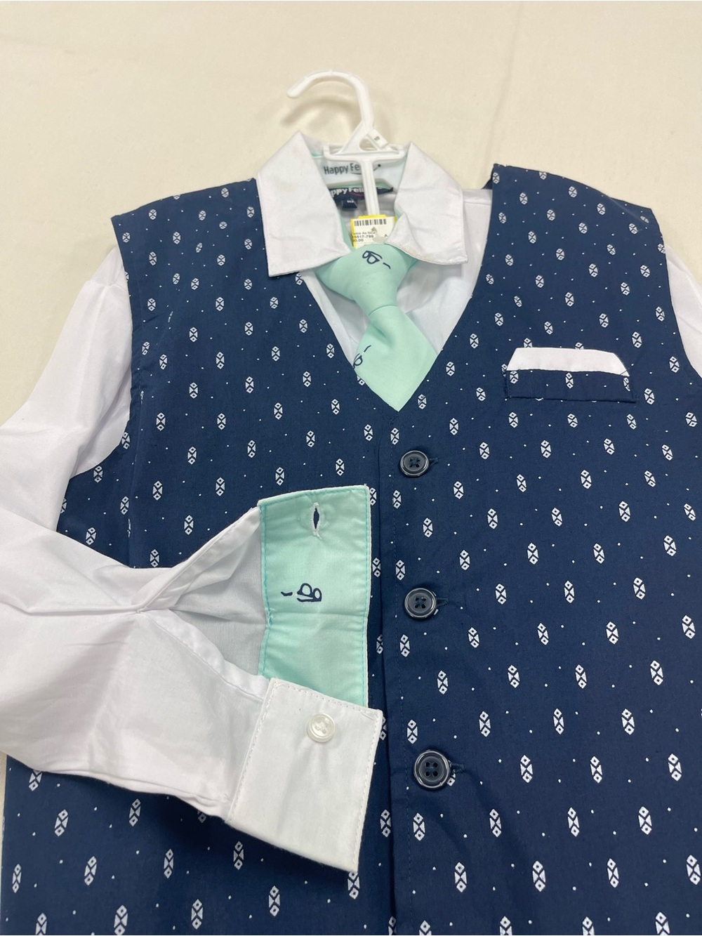 Boys' Navy Patterned Vest Set with Mint Tie